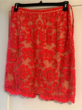 Vintage Anthropologie Embroidered Sheer Floral Pencil Skirt - Bright Coral